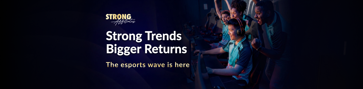 Esports affiliate marketing banner featuring gamers in a team environment for Strong Affiliates