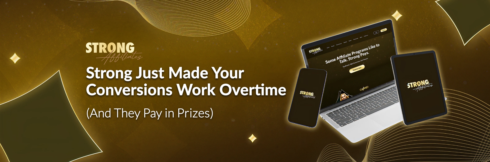 Strong Affiliates banner for monthly affiliate prize draw campaign with MacBook, iPhone, and tablet prizes