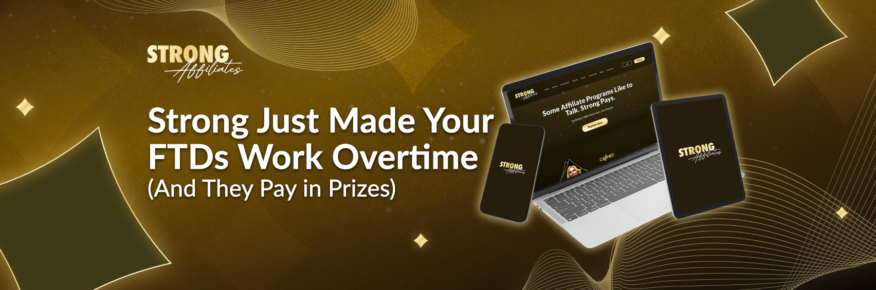 Strong Affiliates banner for monthly affiliate prize draw campaign with MacBook, iPhone, and tablet prizes