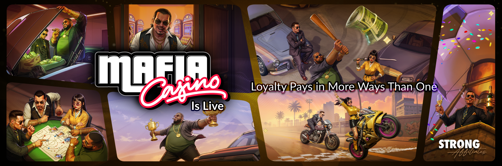 Mafia Casino promotional banner showing stylized mafia characters, luxury vehicles, and the tagline “Loyalty Pays in More Ways Than One”