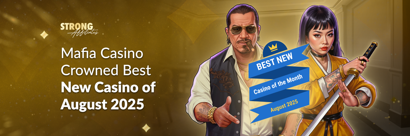 Mafia brand by Strong Affiliates crowned Best New Casino of August 2025 by Casinoslists.com, featuring themed artwork with mafia boss and character.