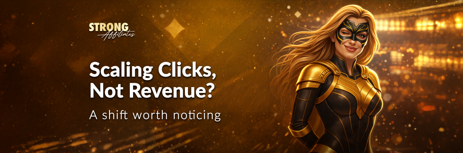 Strong Affiliates banner with the headline “Scaling Clicks, Not Revenue? A shift worth noticing”, featuring a gold-and-black masked character on the left, golden stadium-style lights in the background, and the Strong Affiliates logo top right.