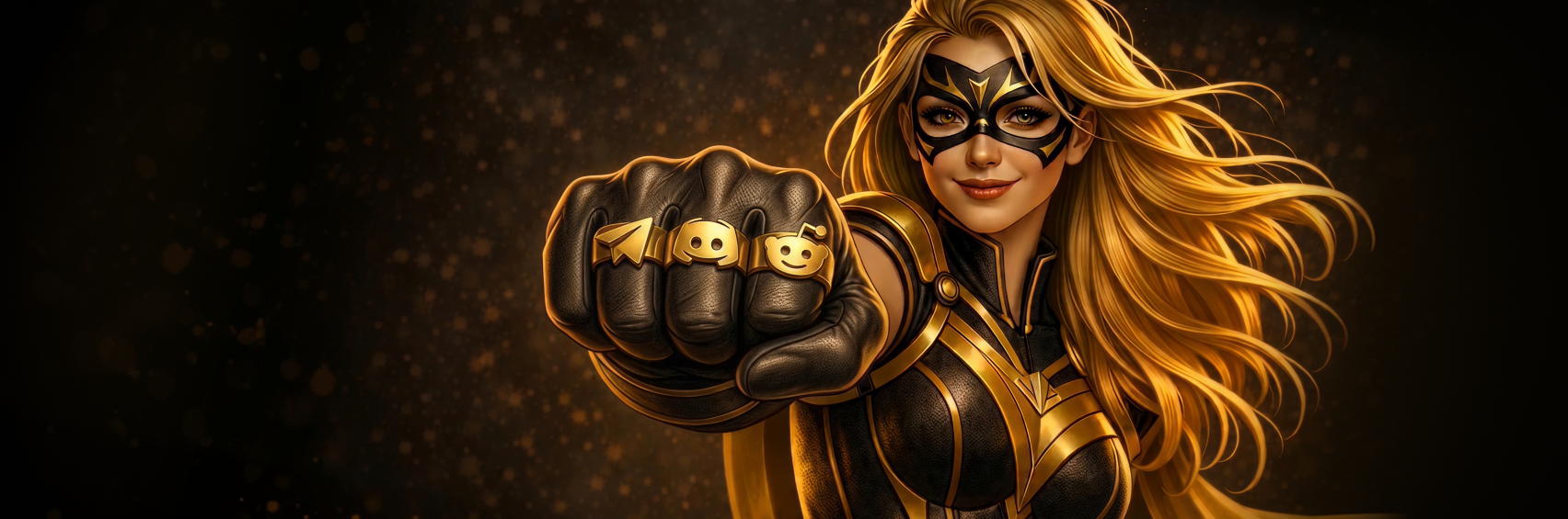 Main banner showing a masked superhero-style woman in black and gold extending a gloved fist toward the viewer, with Telegram, Discord, and Reddit icons on her knuckles beside the headline “The Traffic You Own.”