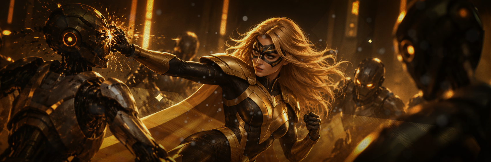Strong Affiliates superheroine striking a humanoid robot in a cinematic gold and black scene, representing the rise of automated web traffic.