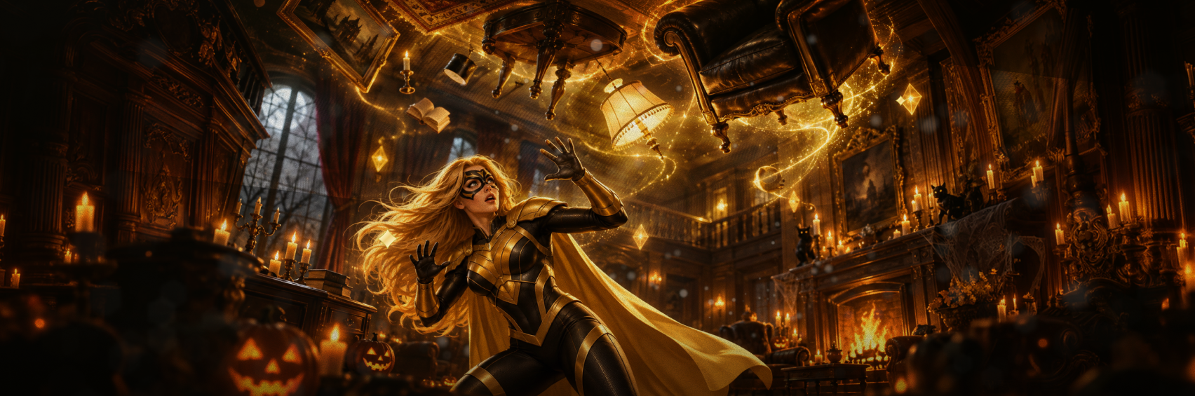 Strong Affiliates superhero in a haunted mansion, surrounded by floating furniture and mysterious golden lights.